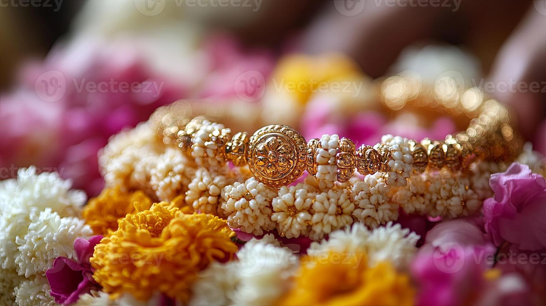 Colorful floral decorations accompany the making of a sacred rakhi for the celebration of Raksha Bandhan festival in India during a traditional family gathering photo