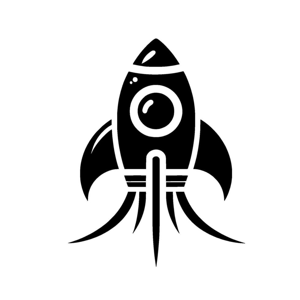 Sleek, minimalist black and white rocket ship with rounded cockpit window, fins, and subtle thruster detail, isolated on a clean white background. vector