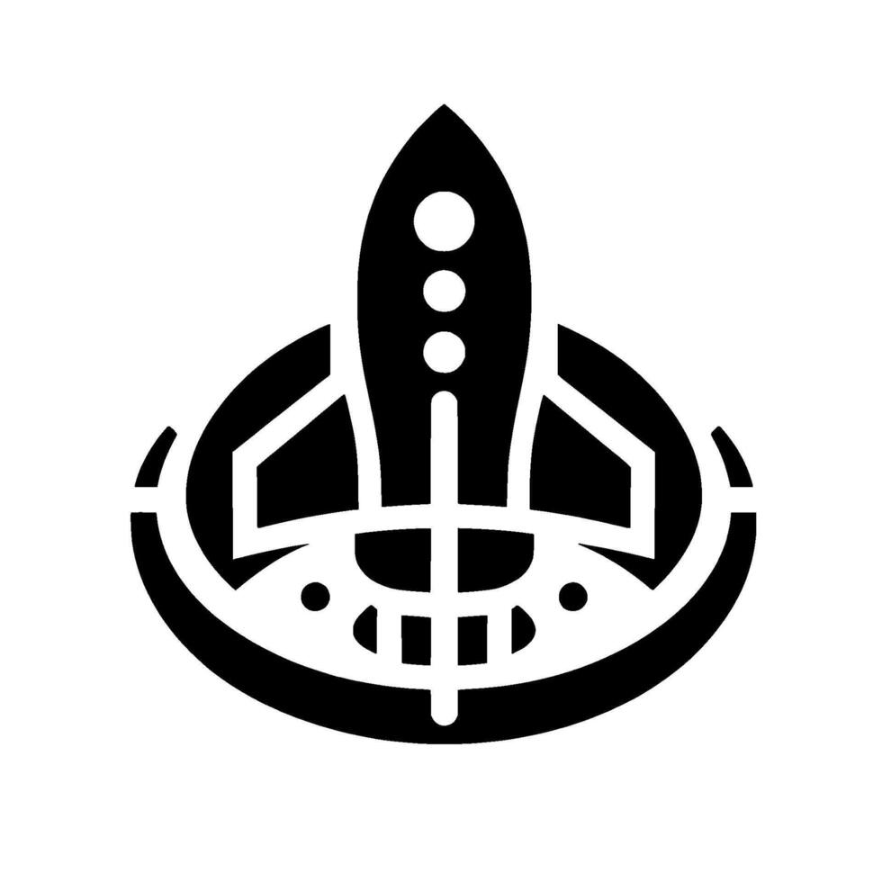 Bold black white geometric illustration of a rocket ship over a circular structure suggesting flight and space exploration. vector