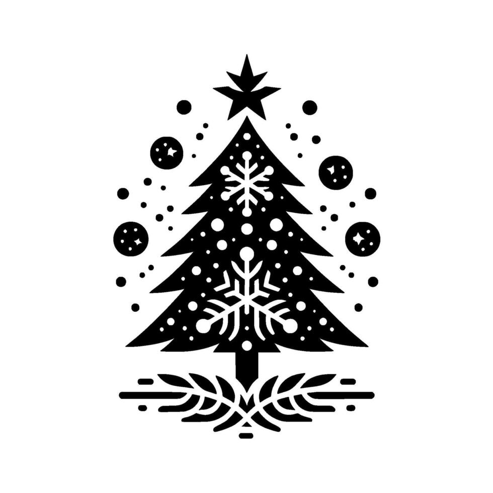 A minimalist black and white christmas illustration featuring a decorated tree with snowflakes, stars, and a simple, stylized base on a white backdrop. vector