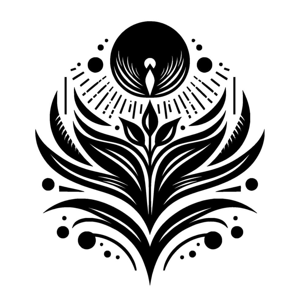 An intricate symmetrical black and white illustration, featuring a stylized floral motif, a sunlike emblem, and a central plantlike form radiating celestial bursts. vector