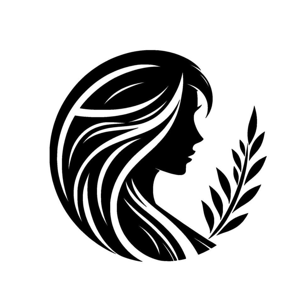 Elegant silhouette of a woman with flowing hair and laurel branch in a circular design, symbolizing grace and natures beauty, against white backdrop. vector