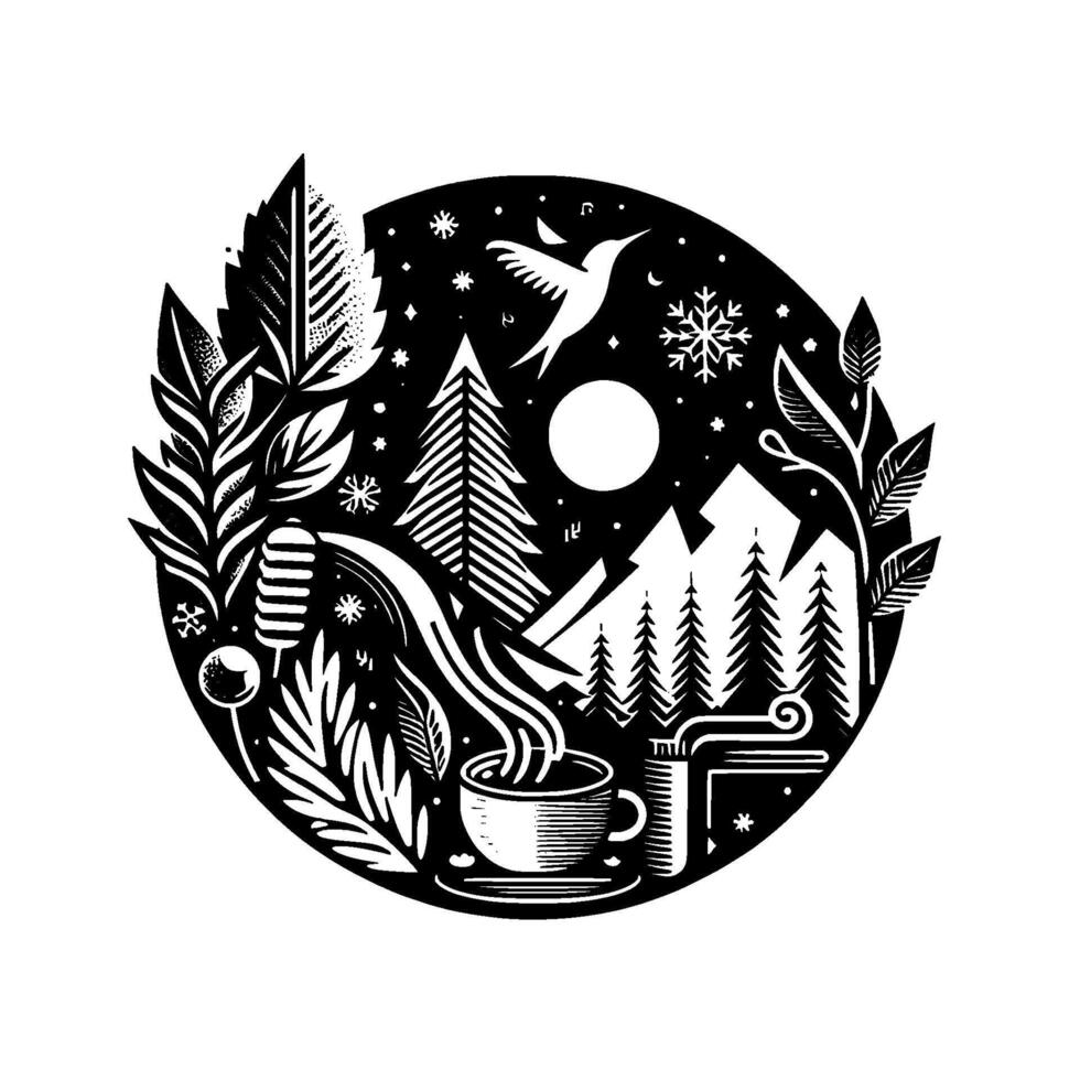 A cozy winter scene in a black circle, with a hummingbird, trees, mountains, snowflakes, a full moon, and a steaming cup of coffee. vector