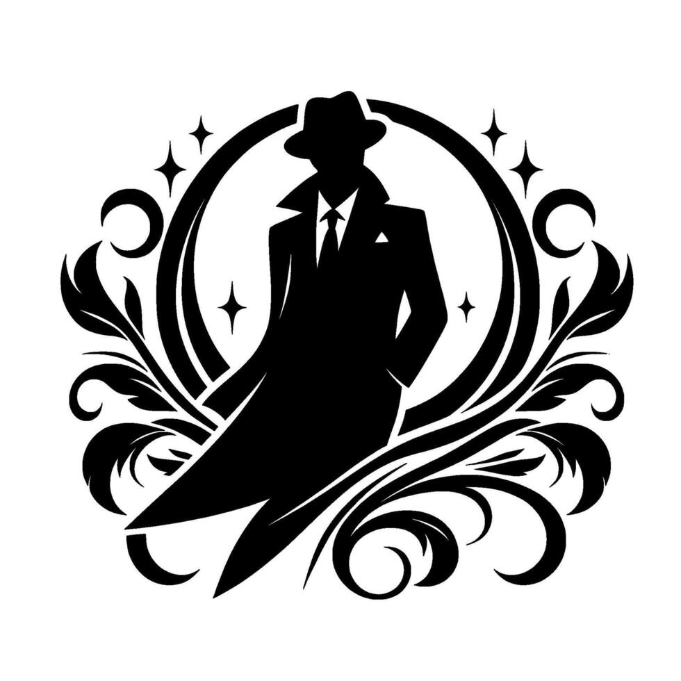Silhouette of a man in a hat and coat, surrounded by circular frame with floral elements and star accents, in a sophisticated black and white design. vector