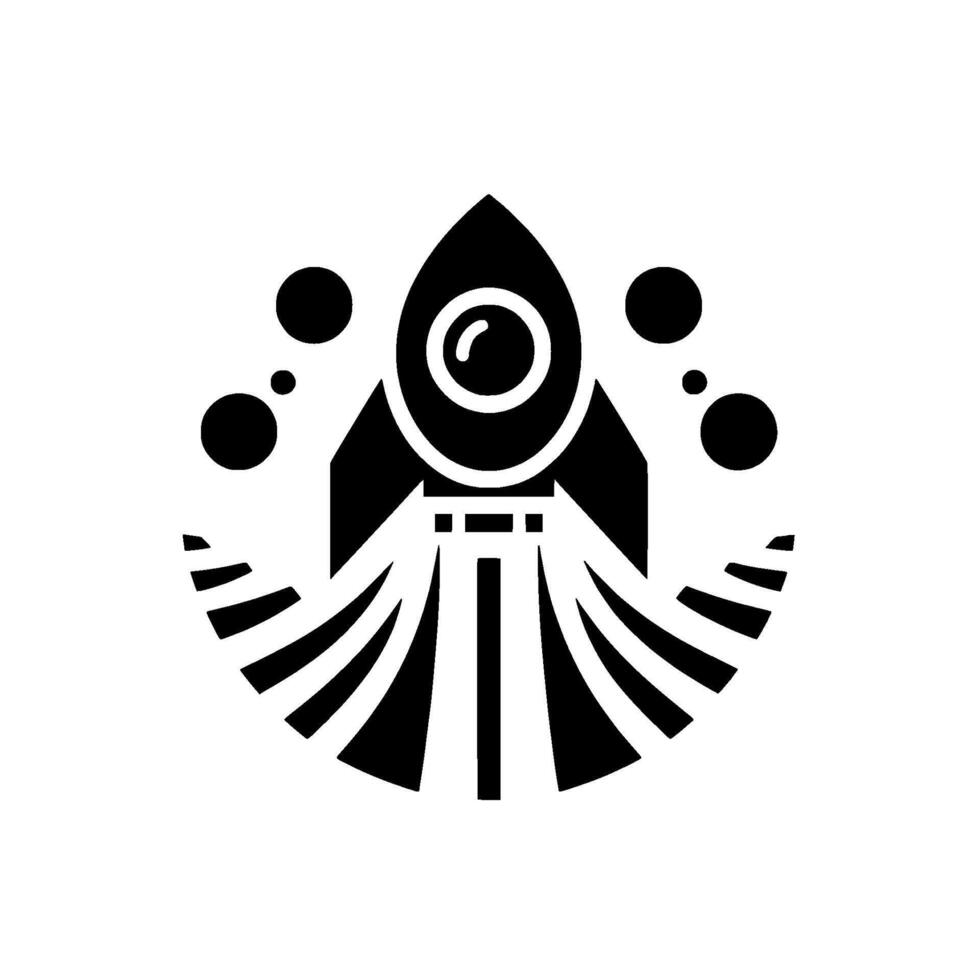 Stylized black and white rocketship with circular elements and geometric design, evoking space exploration and modernism. vector