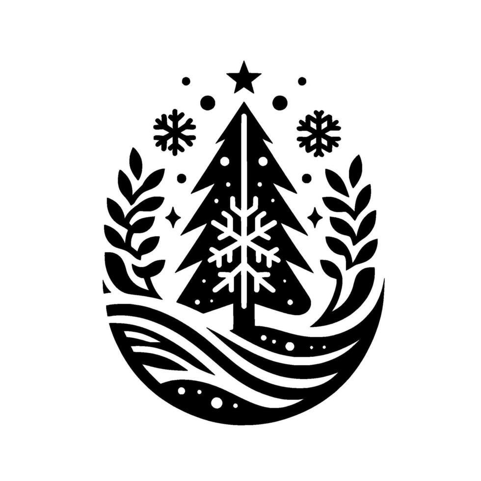 Silhouette illustration christmas tree ornament with snowflakes, star, and foliage, encapsulated in an oval frame. vector