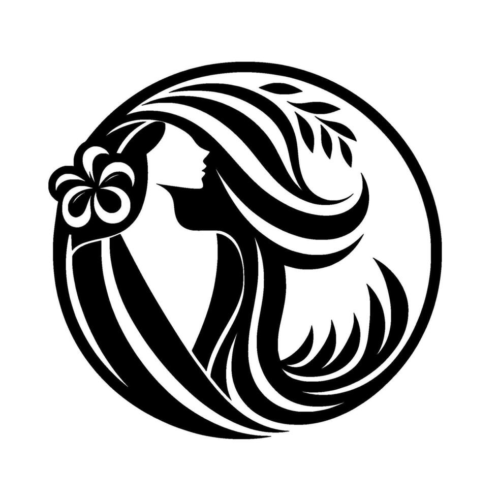 Elegant black and white silhouette of a woman in a circular frame with flowing hair adorned with a flower and leaves. vector