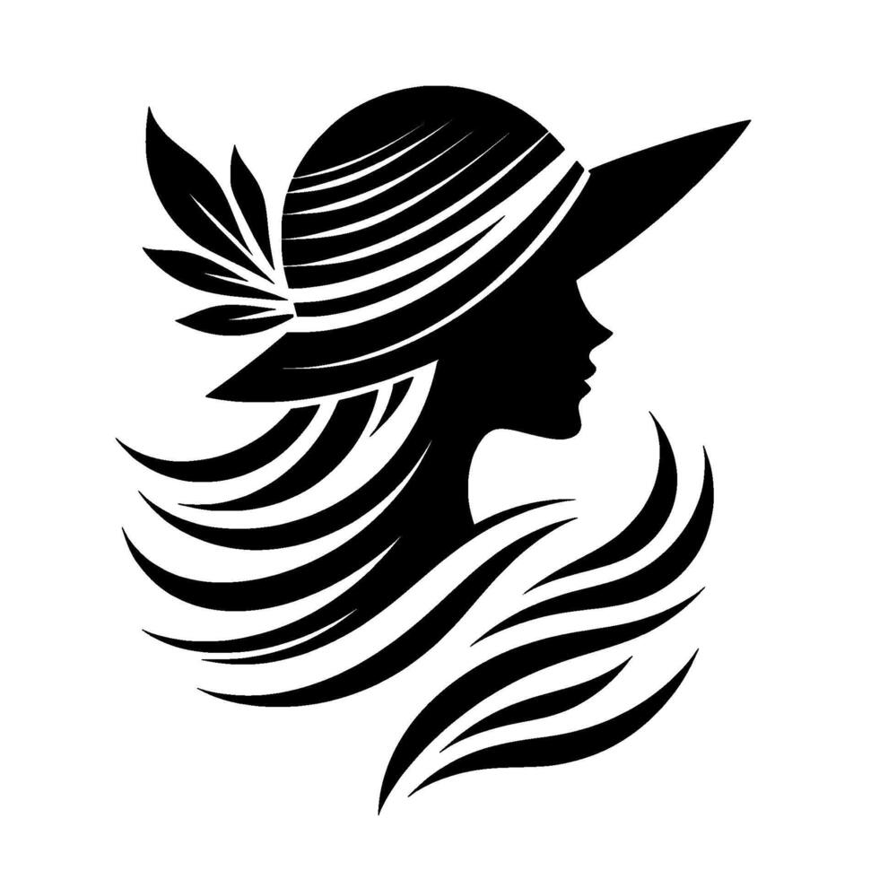 Elegant silhouette of a woman in a widebrimmed hat adorned with feathers, featuring flowing hair, set against a clean white background. vector