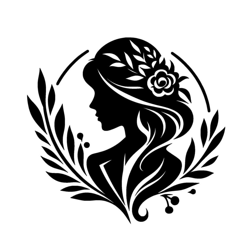 Elegant silhouette of a woman adorned with floral headdress and foliage, framed in a circular design, black and white. vector