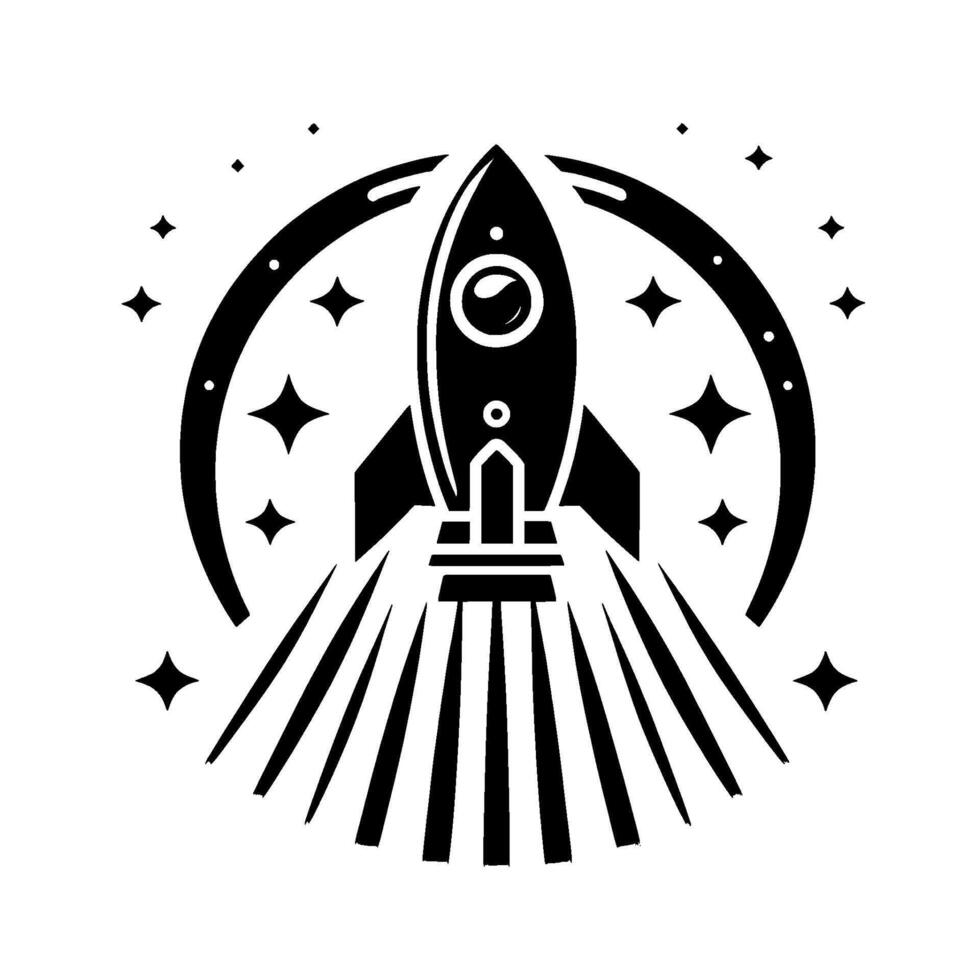 A minimalist black and white illustration showcasing a retrostyle rocket ship ascending towards the cosmos, ringed by stars, with bold, lines. vector