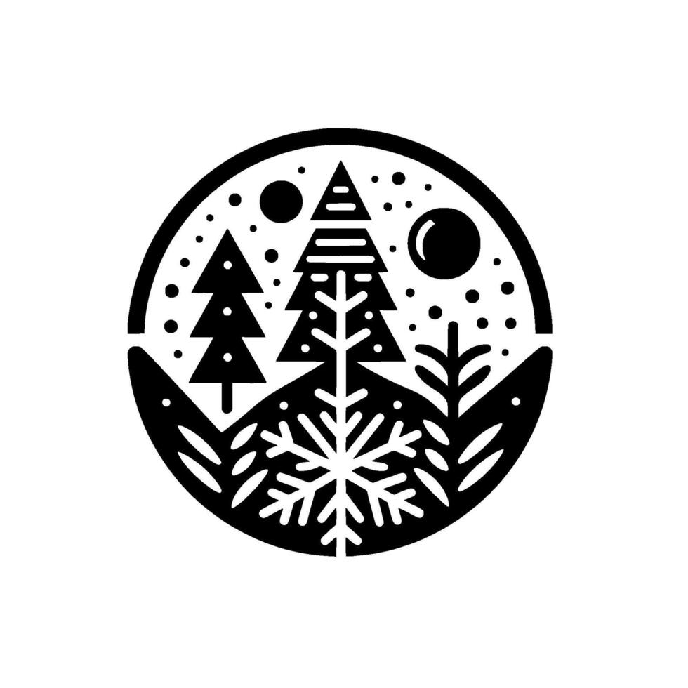 A stylized winter scene within a circle, featuring pine trees, a snowflake, stars, and a moon, in a monochrome black and white design. vector