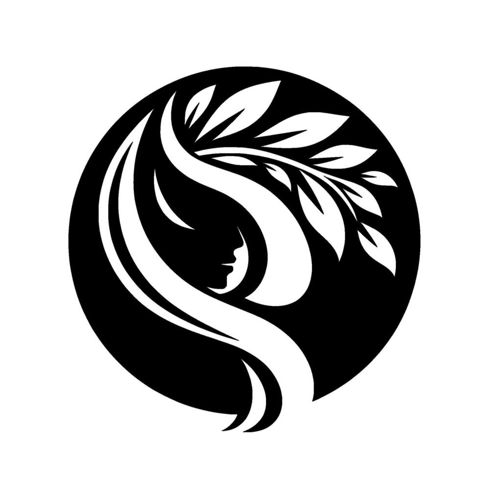 Elegant silhouette of a woman with flowing hair and laurel leaves, encased in a circle, black and white. vector