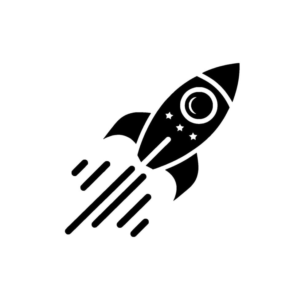 Black and white cartoon rocket ship blasting off, with stars and a porthole window, trails of smoke vector