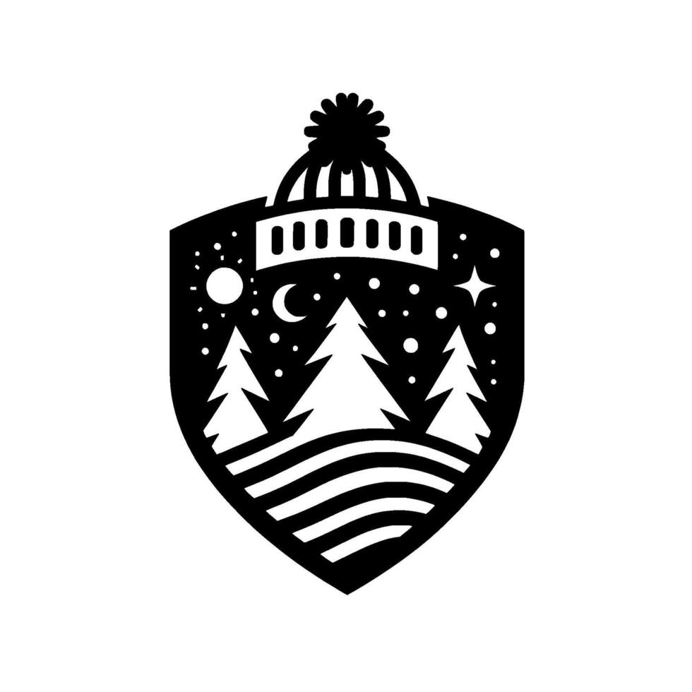 A stylized black and white shield featuring a winter landscape with pine trees, moon, stars, snow, and a cozy knit hat on top, representing winter charm. vector