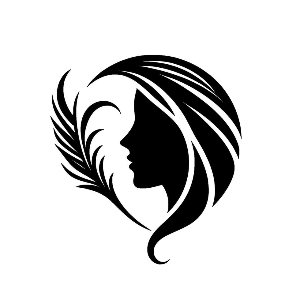 Elegant silhouette a womans profile intertwined with a featherlike element, forming a harmonious black and white emblem. vector