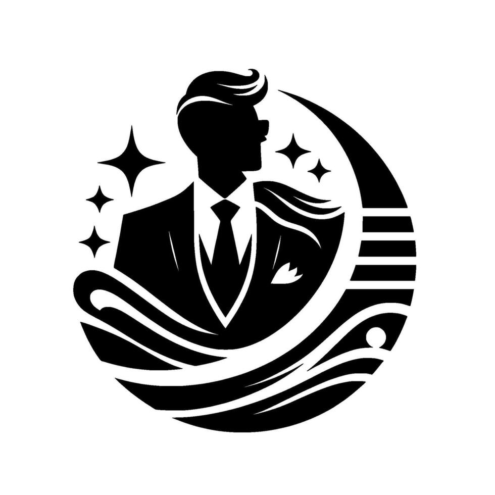 A stylized silhouette of a dapper gentleman in a suit with a crescent moon and stars, conveying elegance and mystery. vector