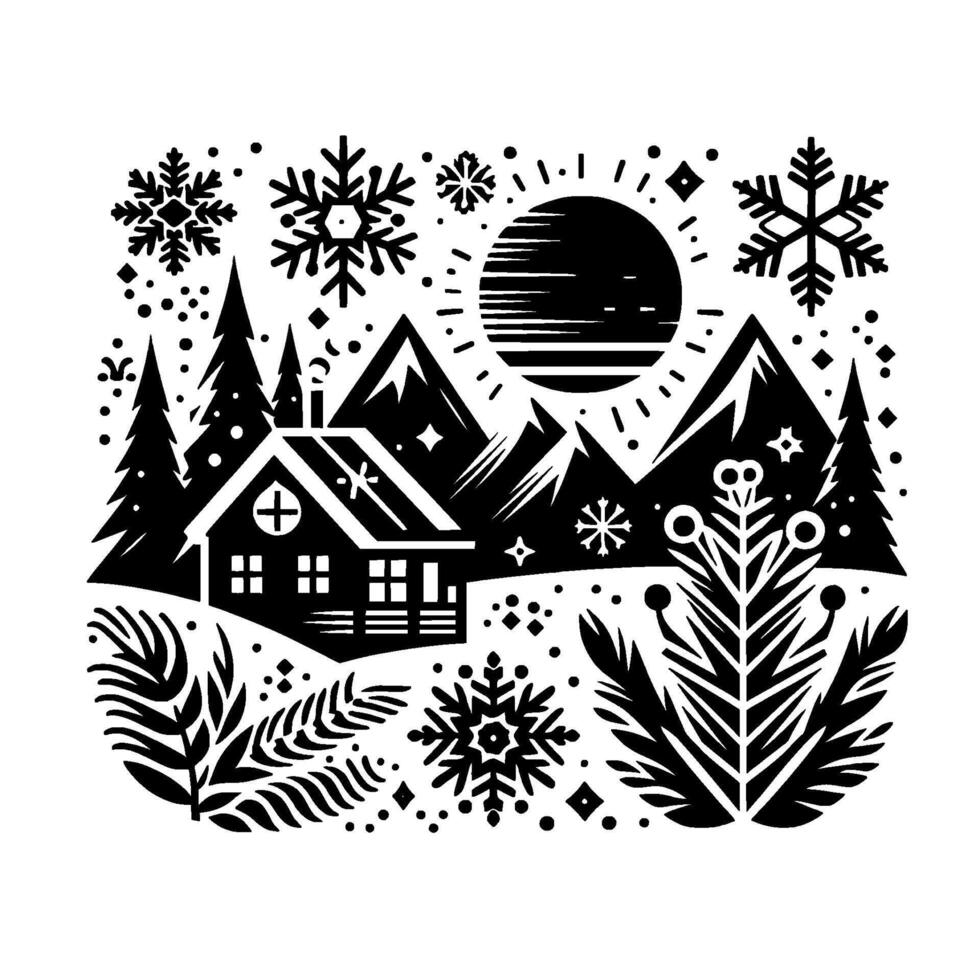 A serene winter cabin scene in a minimalist folk art style, showcasing a home amidst snowcovered mountains, encircled by stylized snowflakes and flora under a radiant sun. vector