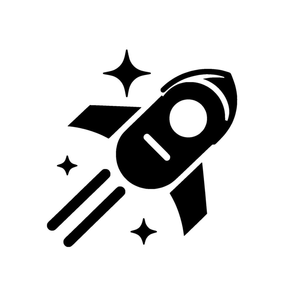 Minimalist black rocket with trail and sparkles, ascending against a white background, evoking space exploration. vector