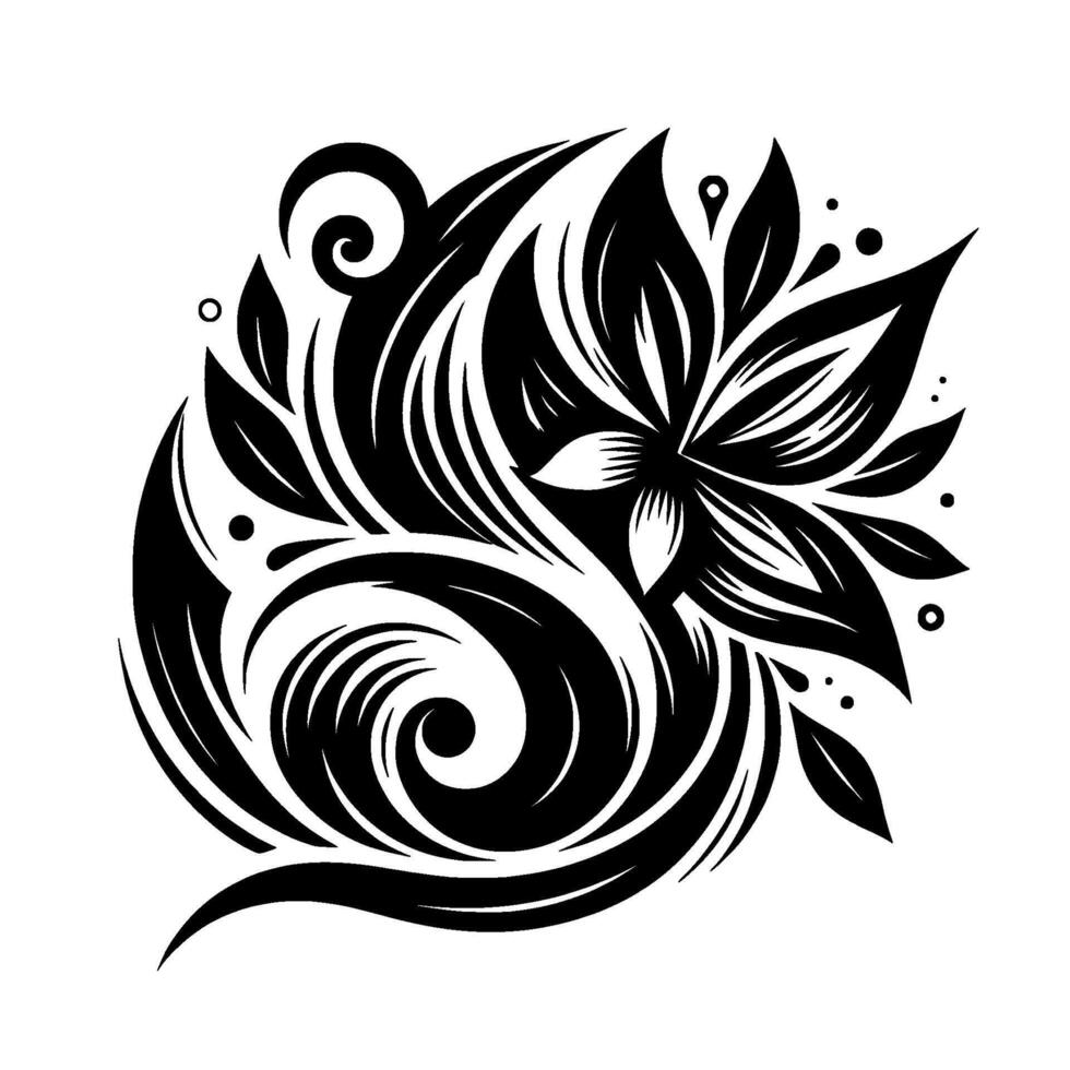 Elegant black and white floral composition featuring a stylized flower surrounded by flowing lines, leaves, and swirling patterns, with a clean, minimalist aesthetic. vector