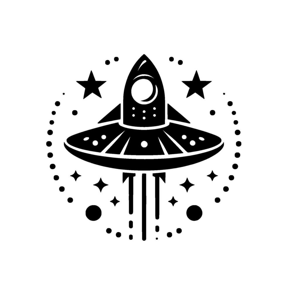 Stylized black and white retro space ufo rocketship with celestial accents in a circular design. vector
