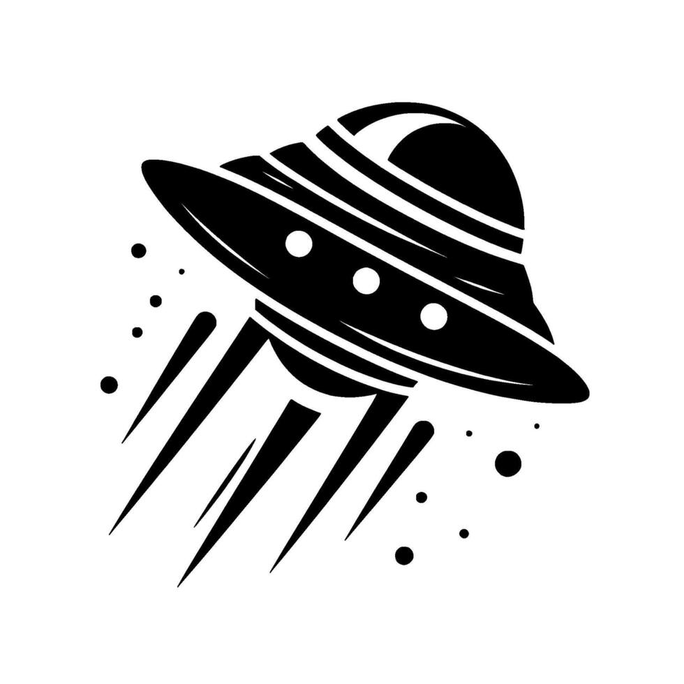 A stylized, highcontrast illustration of a classic ufo in flight, featuring a sleek, streamlined with motion lines and dots, evoking a sense of futuristic adventure. vector