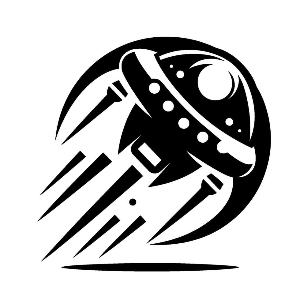A stylized, representation of a spaceship, rendered in bold black and white, within a circular frame, suggesting speed and extraterrestrial travel. vector