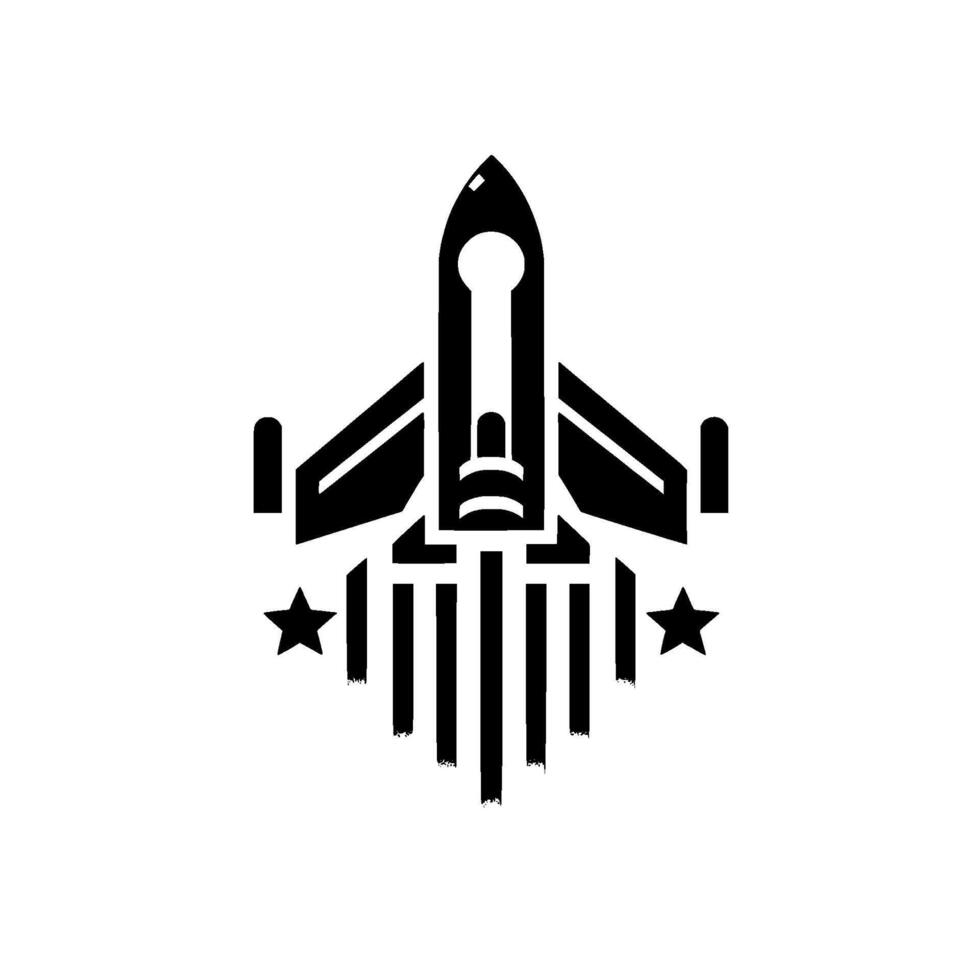 A minimalist, geometric rocket with star emblems and abstract vapor trails, representing space exploration. vector