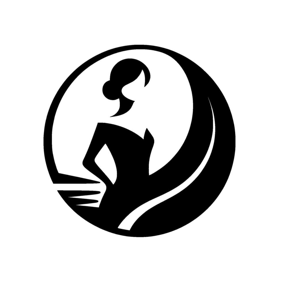 Silhouette of a woman with an elegant updo and hand on her hip within a stylized black and white circular design. vector