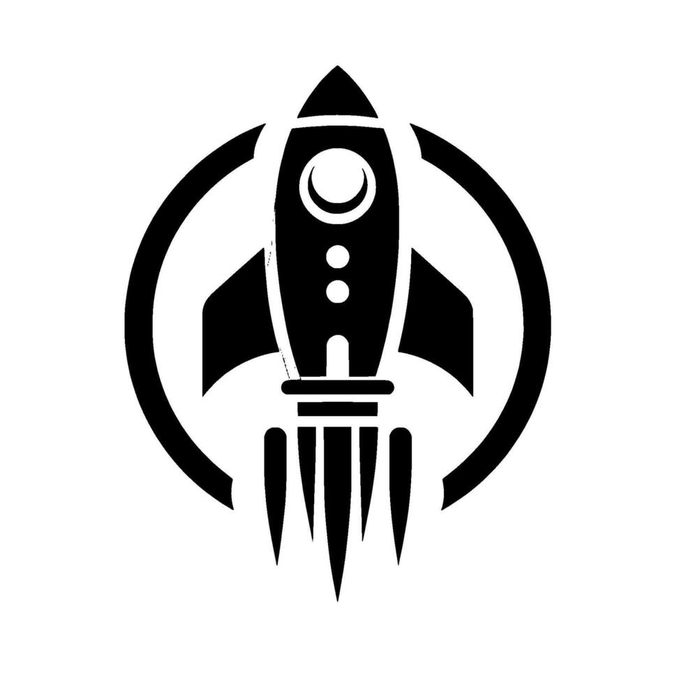 Black and white minimalist rocket ship logo, stylized with a circle border, creating a modern and sleek design. vector