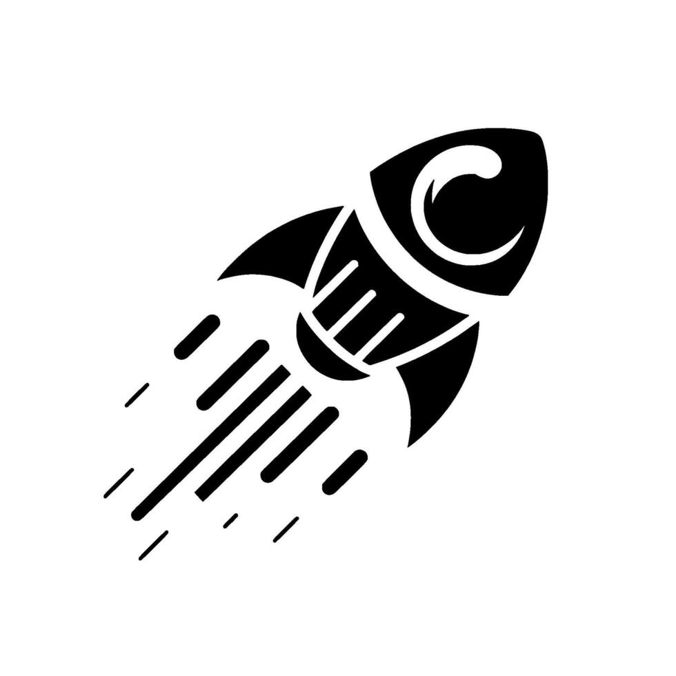 A stylized black and white illustration of a rocket ship blasting off, featuring geometric shapes and a minimalist design, against a clean white backdrop. vector