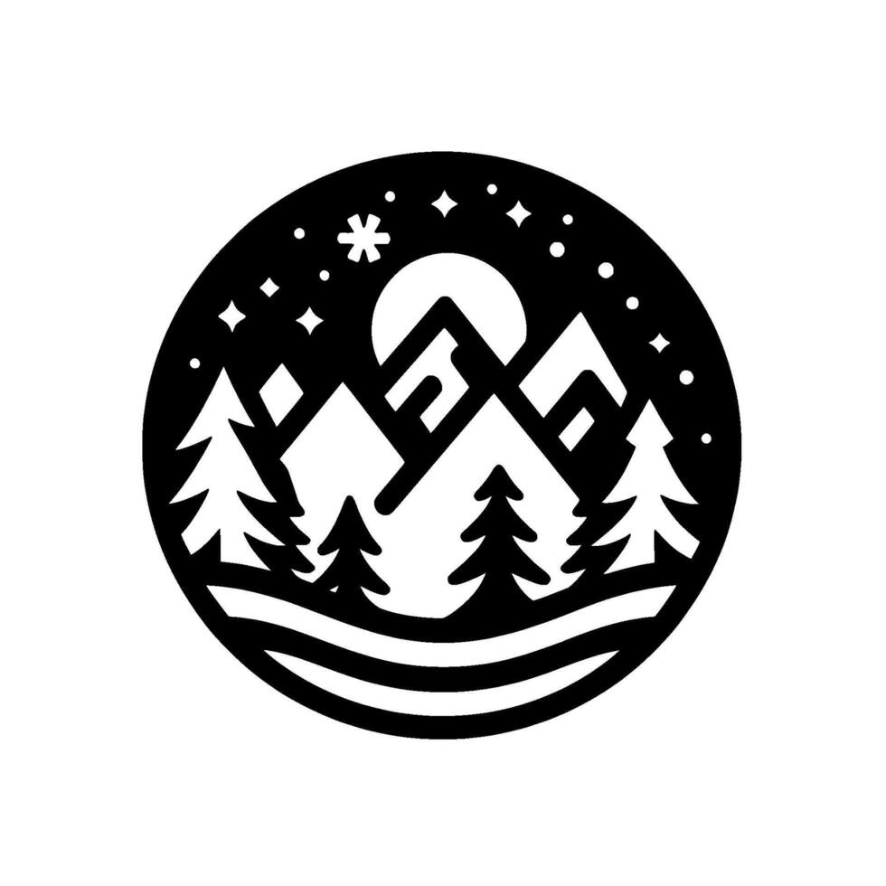Black and white circular illustration of a serene mountain landscape featuring trees, a full moon, and starry night sky, suggesting tranquility. vector