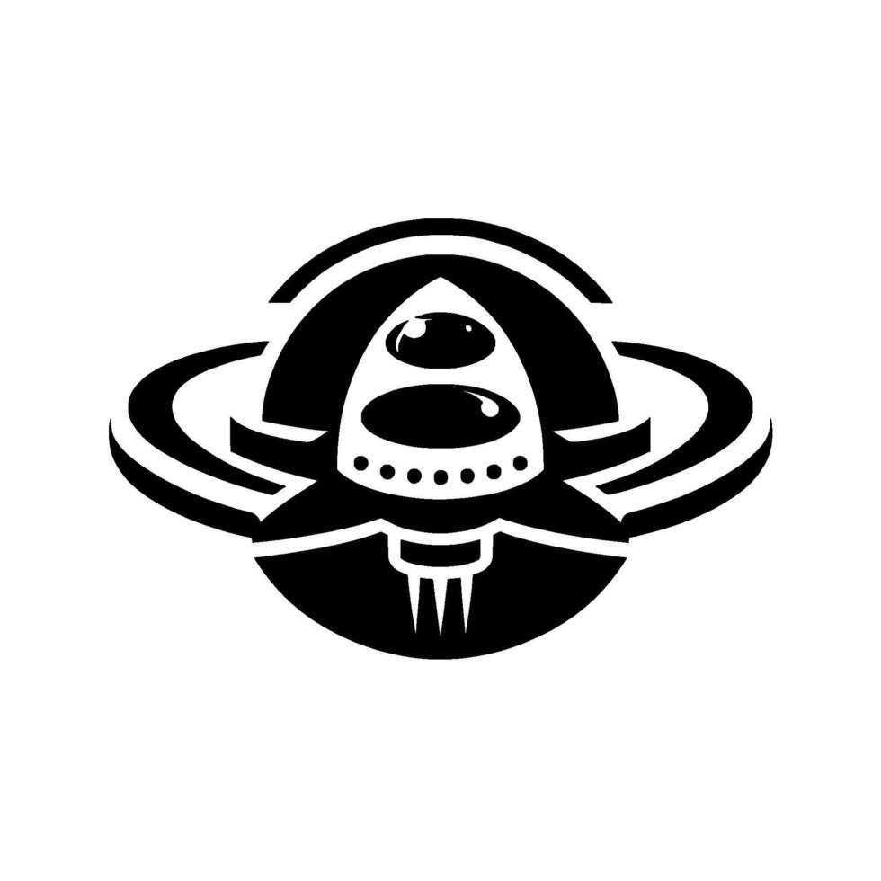 Bold, symmetrical monochrome illustration featuring a stylized spacecraft surrounded by rings, suggesting a futuristic concept. vector