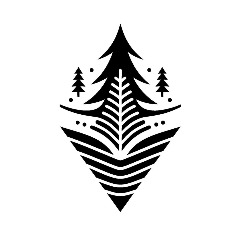 Abstract black and white a stylized evergreen tree emblem with geometric elements and minimalist aesthetic against a clean white backdrop. vector