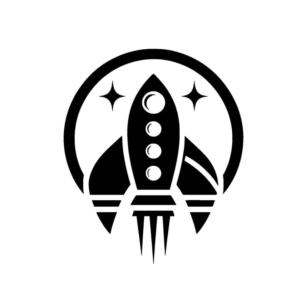 A minimalist, stylized black and white rocket ship emblem, featuring a classic surrounded by a circular frame and two starshaped elements, set against a stark white background. vector