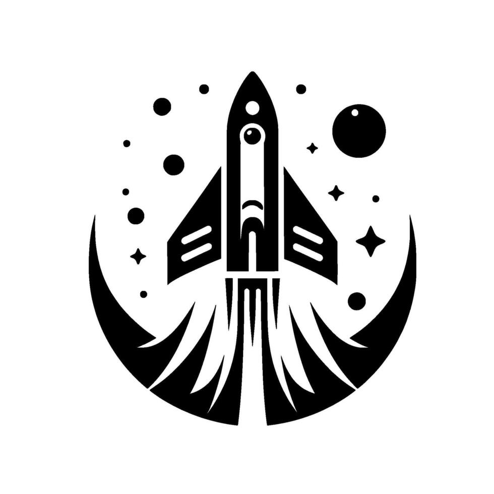 Vectorstyle black and white illustration of a rocket ship blasting off, surrounded by stylized planets, stars, and a crescent, creating a dynamic spacethemed logo. vector
