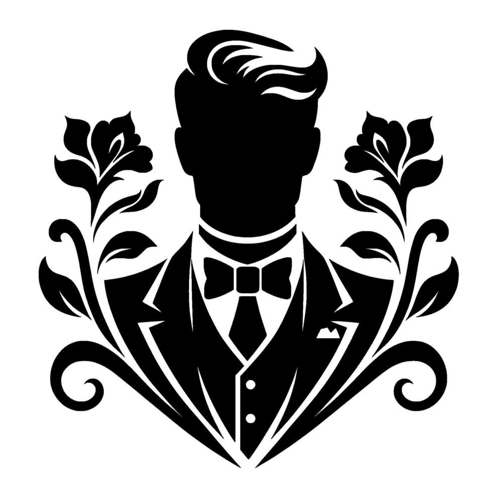 Elegant silhouette dapper gentleman in tuxedo adorned with floral accents a classic and refined design. vector
