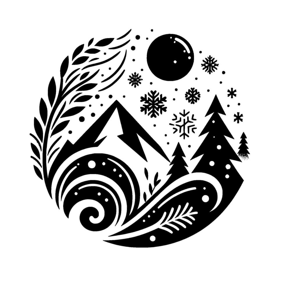 Stylized winter landscape black white circular depicting mountains, trees, snowflakes, and a full moon vector