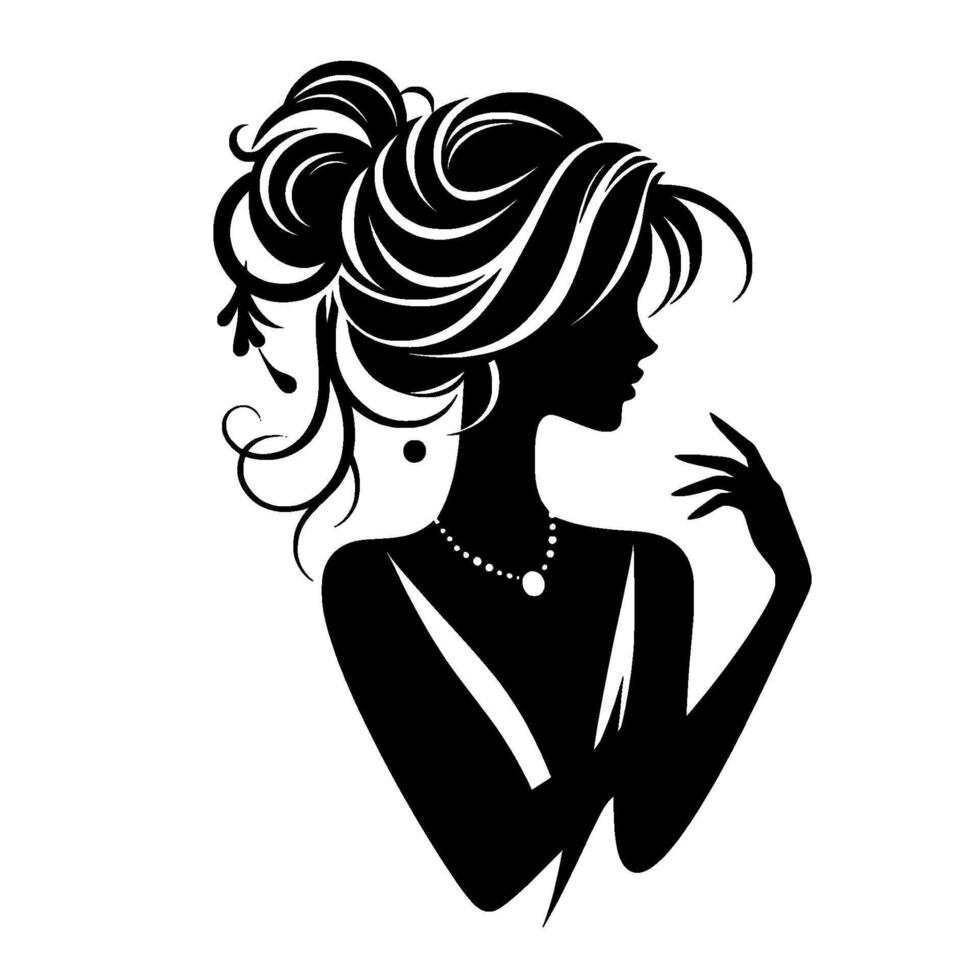 Elegant silhouette of a woman with updo hairstyle, pearl necklace, and graceful hand gesture, against a pure white background. vector
