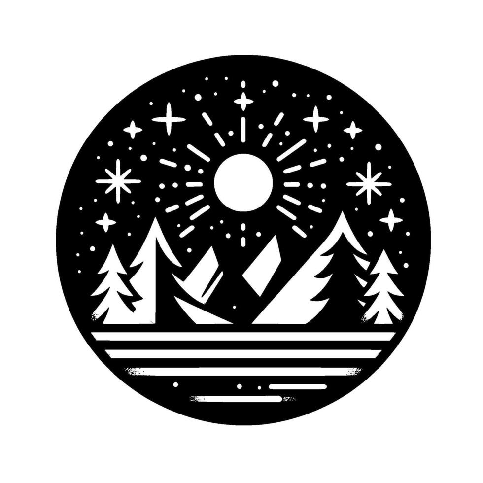 A monochromatic, circular illustration showcasing a starlit night over a mountainous landscape with stylized trees and a radiant sun. vector