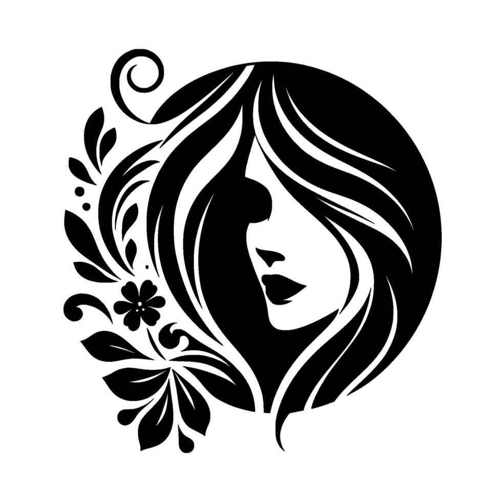 Elegant black and white silhouette of a womans profile framed by floral and leafy accents, emphasizing femininity and beauty. vector
