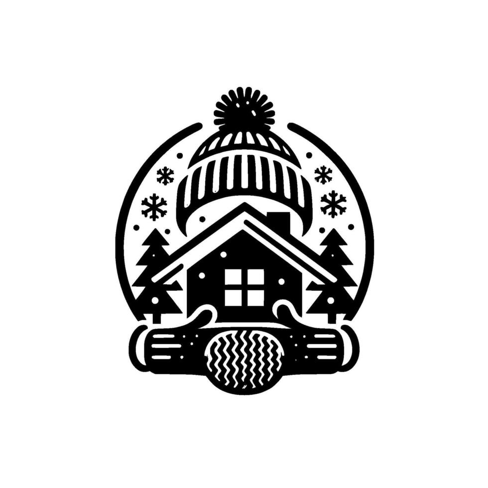 Cozy winter scene minimalist black and white featuring a house, mittens, trees, snowflakes, and a winter hat in a circular design. vector