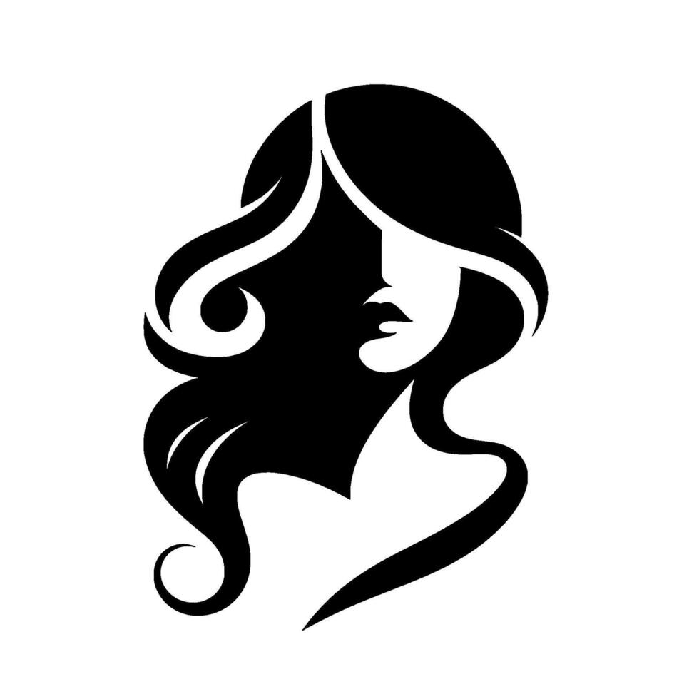Elegant silhouette of a woman with flowing hair a in black and white, conveying femininity and grace. vector