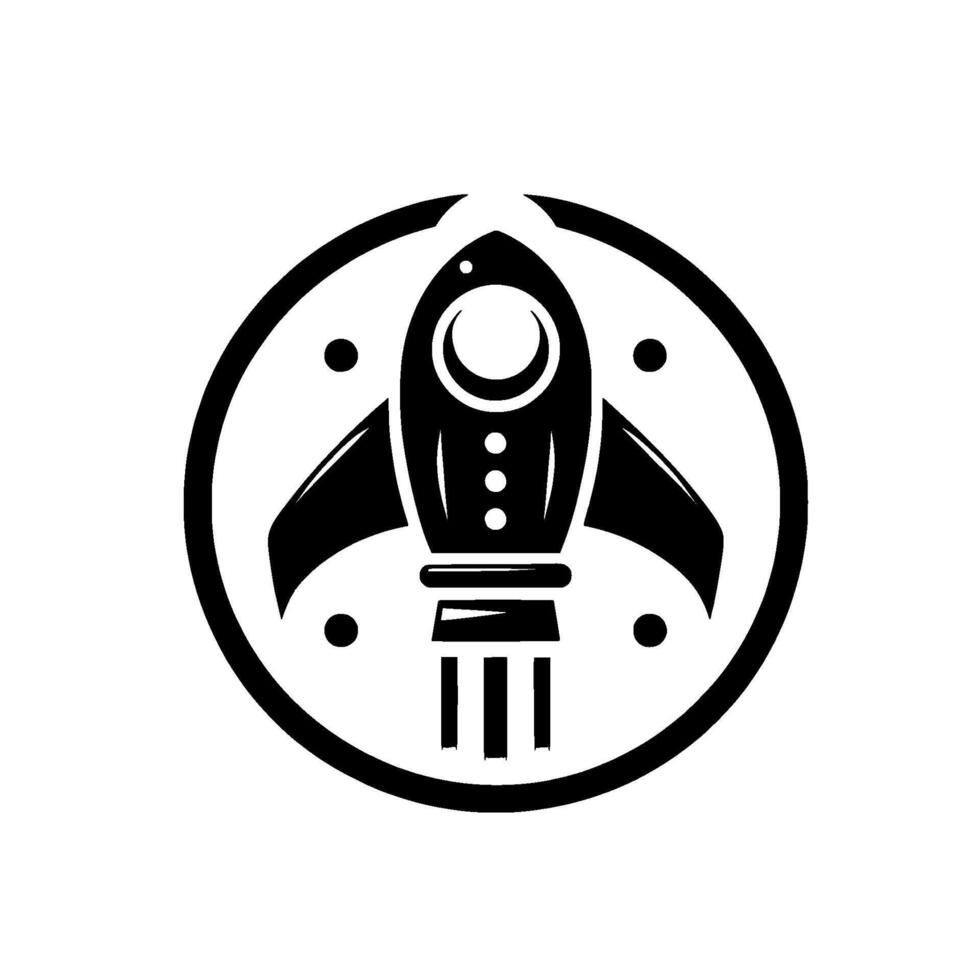 Sleek black and white rocket ship emblem within a circular frame, featuring stars, representing innovation and space exploration. vector