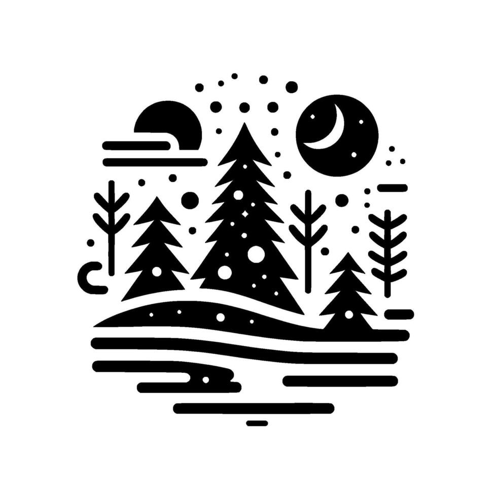 Minimalist winter landscape in a circle stylized trees, moon, sun, and falling snow, evoking a calm, serene night scene. vector