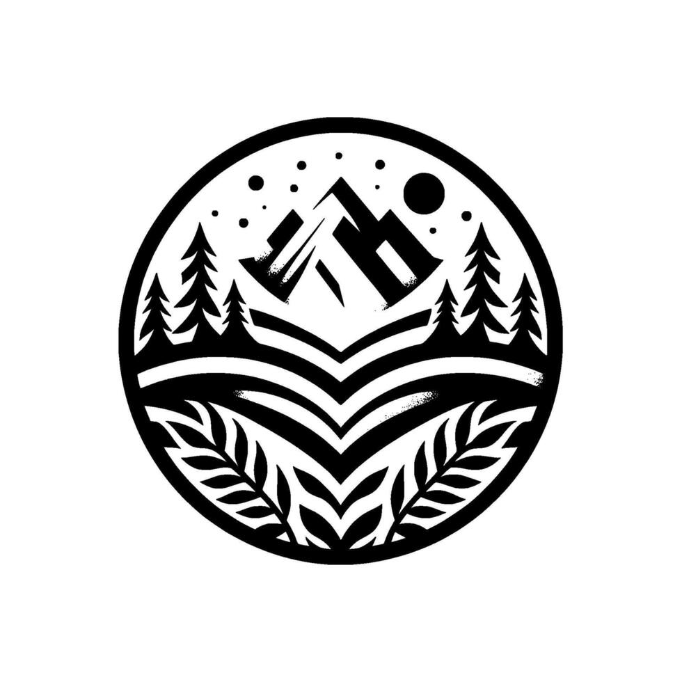 A stylized, monochrome circular design, featuring mountains, pine trees, a rising sun and leafy elements, creating a minimalist natureinspired illustration. vector