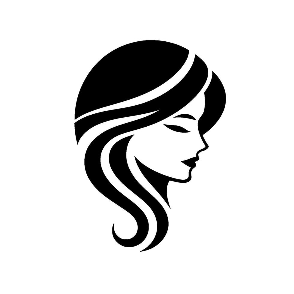 Elegant black and white silhouette of a womans profile with flowing hair, evoking serenity and beauty. vector