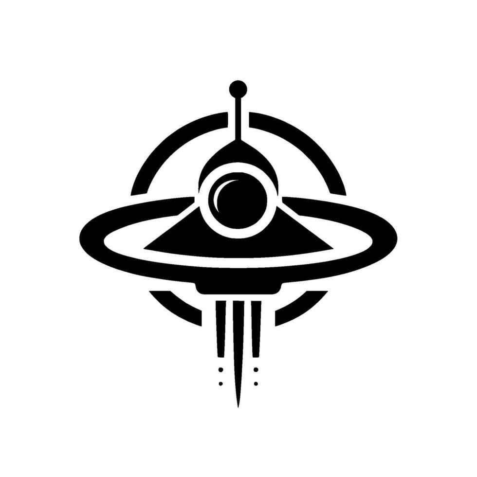 Black and white geometric minimalist of a stylized ufo with circular and angular elements, exuding a retro scifi aesthetic. vector