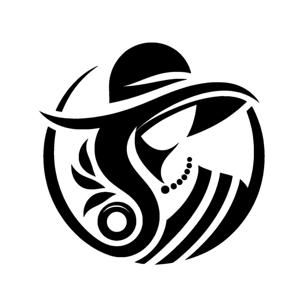 Elegant silhouette a stylized woman with a hat and necklace, rendered in bold black lines within a circular frame, evoking sophistication. vector
