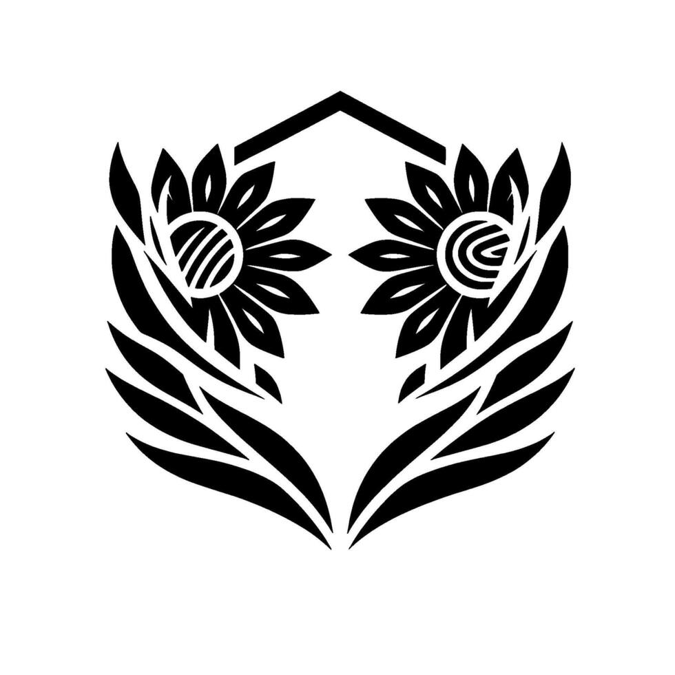 Symmetrical black and white floral two stylized sunflowers enclosed in a geometric frame, with leaflike accents on a white background. vector