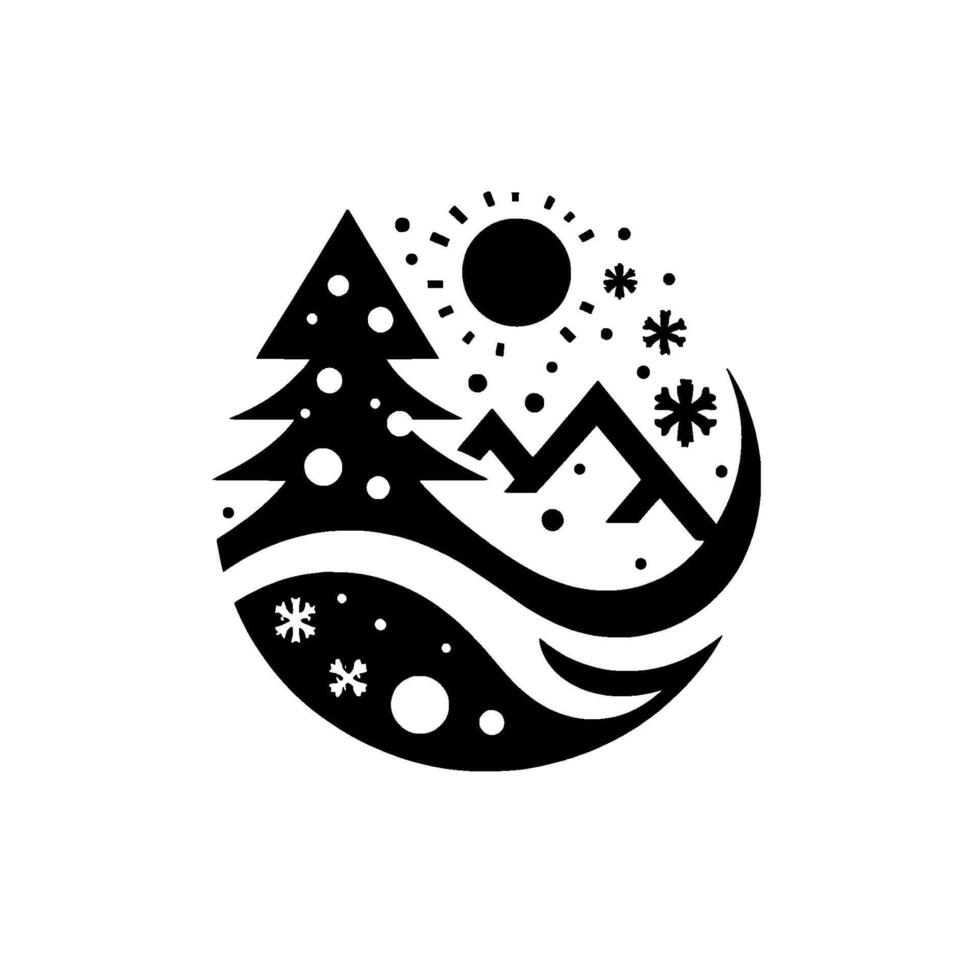 Monochromatic winter landscape featuring a stylized fir tree, mountains, sun, snowflakes, and flowing lines within a circular frame, evoking a serene, seasonal ambiance. vector